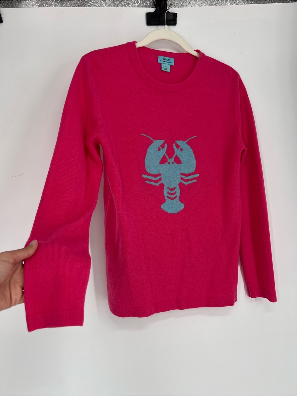 Two Bees 100% Cashmere Pink Blue Lobster Crew Neck Nautical Knit Sweater L - Picture 2 of 6
